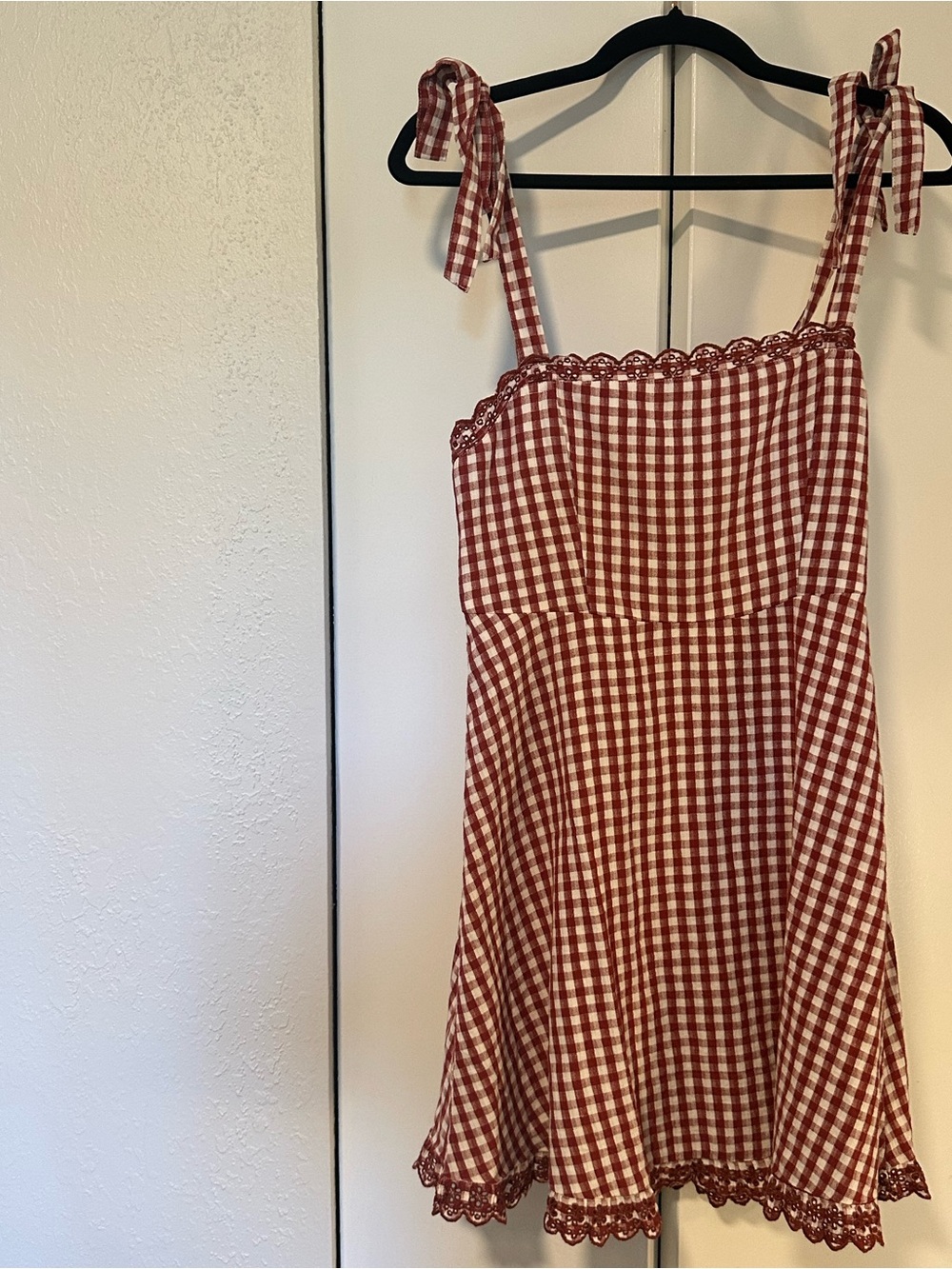 American Eagle Outfitters Red and White Gingham Tie-Shoulder Dress